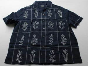 Todd Snyder Men's S/S Embroidered Linen Camp Collar Shirt LB3 Navy Blue Medium - Picture 1 of 5