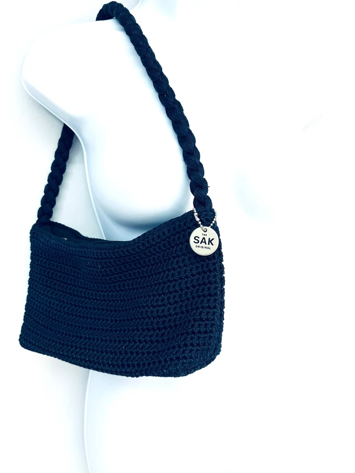 The Sak Navy Crochet Bag Boho Hobo Satchel Short Braided Handle Silver Accents - Image 1 of 4