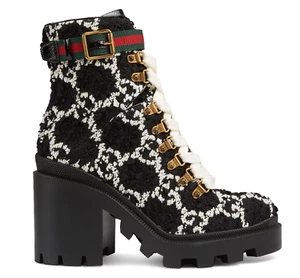 Gucci Black White GG Logo Tweed Lace Up Tie Block Heel Lug Sole Combat Boot 36.5 - Picture 1 of 17
