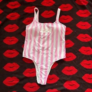 Primark Barbie Pink White Striped One Piece Swimsuit S - Picture 1 of 6