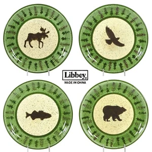 Libbey RUSTIC LODGE 8.5" Salad Plate Set 4 Green Brown Moose Eagle Fish Bear - Picture 1 of 22