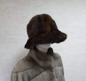 Sombrero Panamá de piel de visón real hecho a mano en color marrón, sombrero cubo de piel marrón,... - Imagen 1 de 8