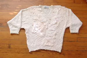 1980s Ballet Pink Sweater Oversize Slouchy Abstract Novelty Lace Beaded - Picture 1 of 7