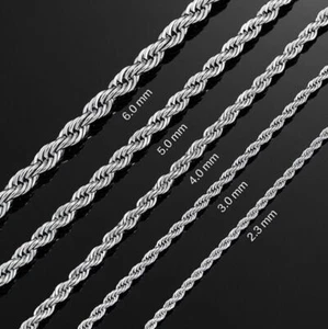 2-6mm Stainless Steel Chain 16" to 30 " Mens Womens Rope Chain Silver Necklace - Picture 1 of 32