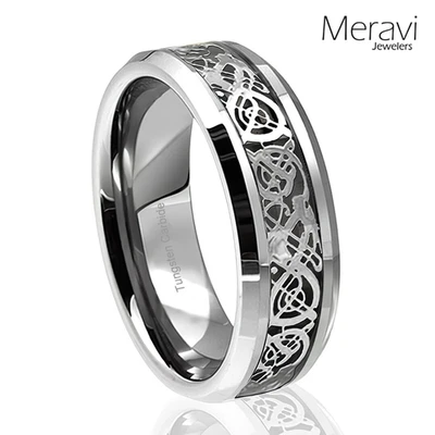 Tungsten Rings for Men Silver Dragon Ring Celtic Mens Rings Mens Wedding Bands - Image 1 of 4