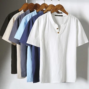Retro Men Casual Cotton Linen Short Sleeve V-Neck T-shirt Tops Blouse Tee New - Picture 1 of 42