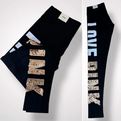 Victoria's Secret ROSA Bling Leggings Oro Lentejuelas Logo Negro Grande Foto 1 de 4