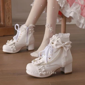 Botines Tacón Bloque Punta Redonda Informales Mujer Cremallera Lateral Lazo Cordones Zapatos Dulces - Imagen 1 de 21