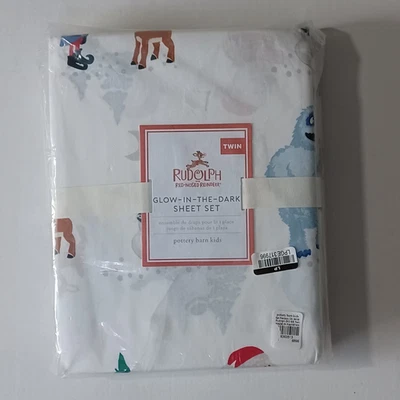 Pottery Barn Kids Rudolph Reindeer Glow In The Dark Percale Sheet Set Twin NIP - Image 1 of 2