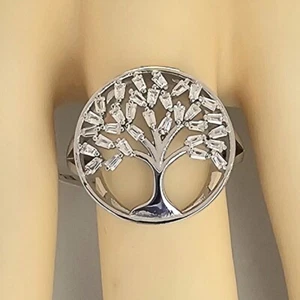 Solid 925 Sterling Silver Sparkling Tree Of Life Ring, Rhodium Finish, SZ 7 & 8 - Picture 1 of 4