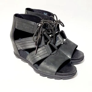 Sorel Joanie II Lace Up Black Leather Gladiator Platform Wedge Sandals Wms 12US - Picture 1 of 24