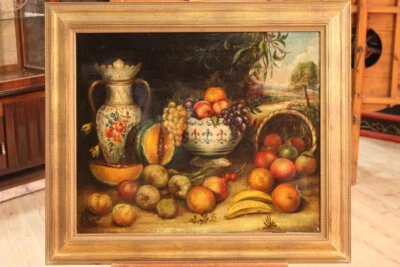 Pintura bodegon oleo sobre lienzo cuadro estilo antiguo marco 900 siglo XX - Imagen 1 de 4