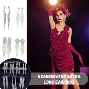 Extra Long Bling Rhinestone Tassel Earrings Belly Dance Costume Wedding Jewelry - Picture 1 of 25
