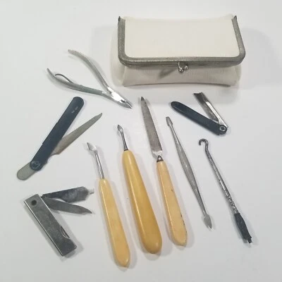 Vintage Nail Set Manicure Pedicure W White and Red Mirrored Case File Clippers  - Image 1 of 4
