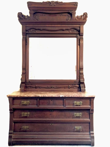 Antique Victorian Eastlake Walnut marble-top dresser with mirror Cover