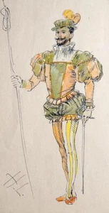 FIRMADO Heinrich LEFLER Original ACUARELA Disfraz ART NOUVEAU Guardia Española - Imagen 1 de 9
