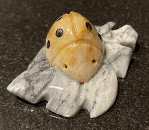 Tiny Ladybug Figurine, Hand-Carved in Soapstone, Sitting on Leaf, New Condition - Picture 1 of 9