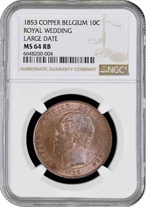 Belgium 10 centimes 1853, NGC MS64 RB, "Marriage of The Duke" LARGE DATE Pop 2/1 - Picture 1 of 2