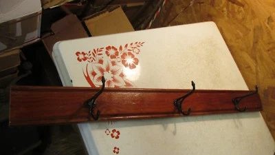 Antique Yellow Pine and Cast Iron Hooks Coat Rack - Image 1 of 2