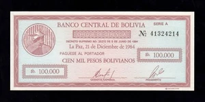 F.C. BOLIVIA , 100.000 PESOS 1984 , S/C ( UNC ) , P.188 . - Imagen 1 de 2
