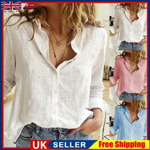 👚Womens Cotton Linen Plain Blouse Tops Ladies Baggy Long Sleeve Casual T-Shirt@ - Picture 1 of 45