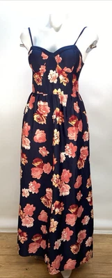 Band of Gypsies Navy Blue Floral Maxi Smoked Dress Women M Pockets Strappy NWT - Image 1 of 4