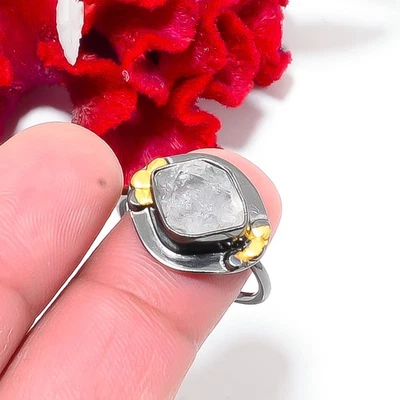 Anillo Herkimer Diamante Cuarzo Chapado en Oro Negro Plata de Ley 925 S.8 R8443 Foto 1 de 4