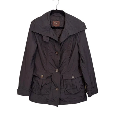 Chaqueta de Lluvia Cole Haan Mujer 8 Negra Cortavientos Cuello Ancho Botón Delantero Exterior Foto 1 de 4