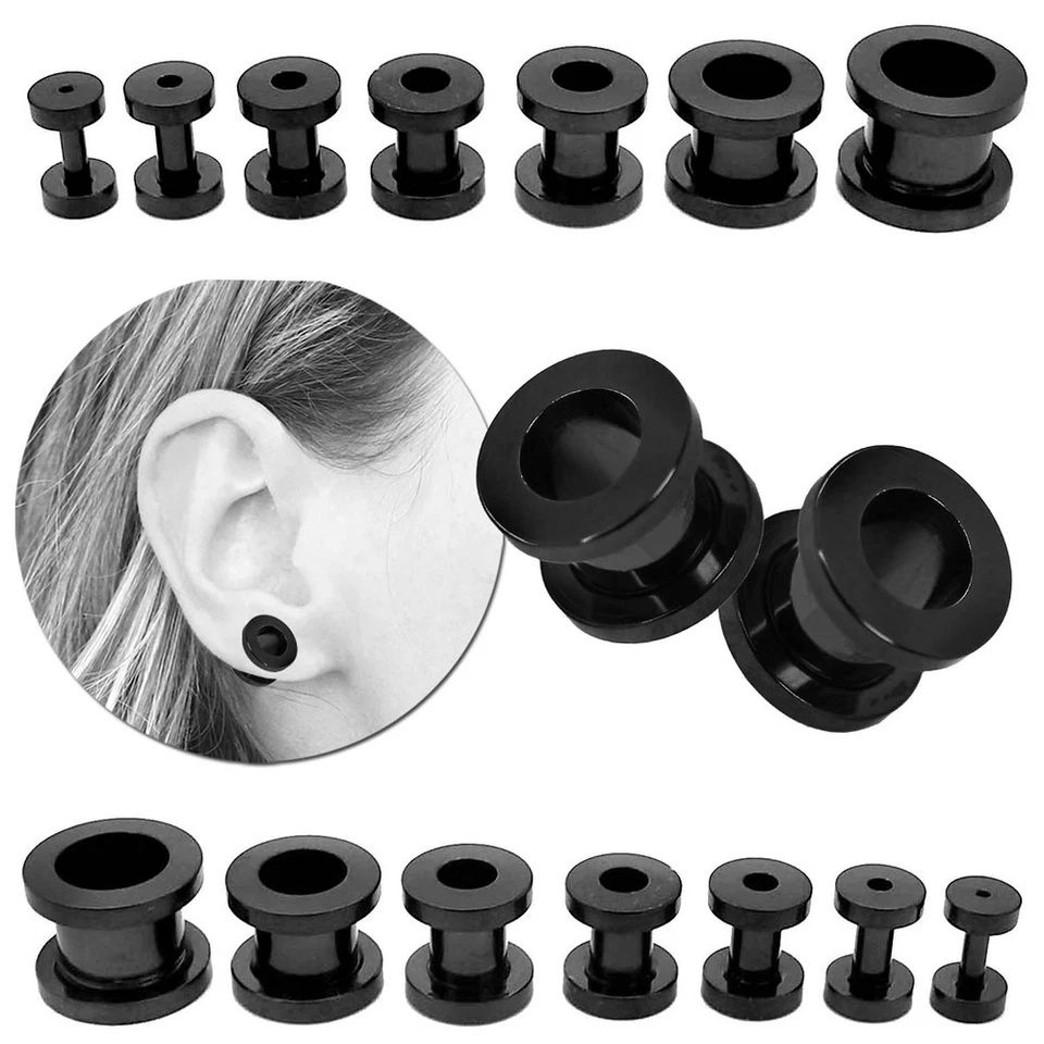 2 Stück Flesh Tunnel Schwarz Tunnelset Edelstahl Piercing Dehnstab Set Plug Ohr - Bild 1 von 1