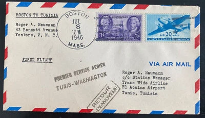 1946 Boston MA USA First Flight Airmail Cover FFC To Tunis Tunisia 145 Flown - Image 1 of 2