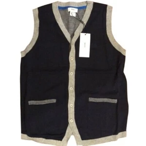 Hugo Boss Youth Sweater Vest J25A96/849 Navy Gray Trim 100% Cotton 6-Button - Picture 1 of 4
