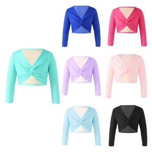 Kids Girl Dance Crop Top Long Sleeve Knot Ruch Style Short Outerwear Solid Shirt - Picture 1 of 42