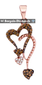 Ladies White Brown Diamond .20 Cts. Hearts Pendant 10K Rose Gold 28x11mm - Picture 1 of 7