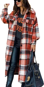 Women'S Flannel Plaid Shacket Fall Oversized Long Button down Shirt Jacket Shack - Picture 1 of 12