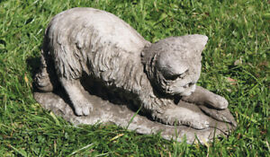 Kitten w Leaf Stone Statue | Cat Animal Concrete Outdoor Garden Ornament Decor