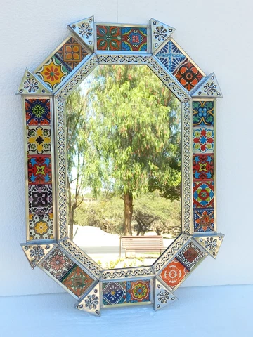 21" PUNCHED TIN MIRROR octagonal oval mixed talavera tiles mexican folk art Cover