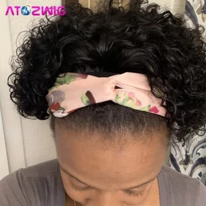 Water Wave Curly Black Human Hair Wig with Headband Wigs Short Wave Headband Wig - Picture 1 of 12