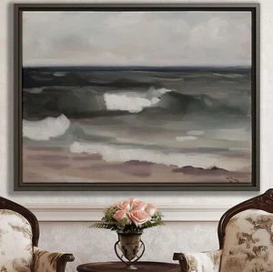 Vintage Seascape Oil Painting Canvas Wall Art Framed Coastal Decor Beach House - Picture 1 of 9