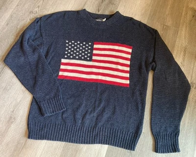 Suéter masculino bandeira vintage dos anos 1990 grande 100% algodão azul marinho - COMO ESTÁ - Imagem 1 de 3