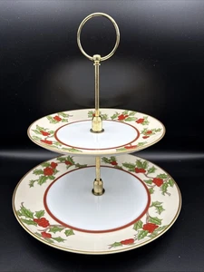 Vintage FITZ & FLOYD Weihnachten Stechpalme 2 Ebenen Serviertablett mit Messinggriff mit Box - Bild 1 von 16