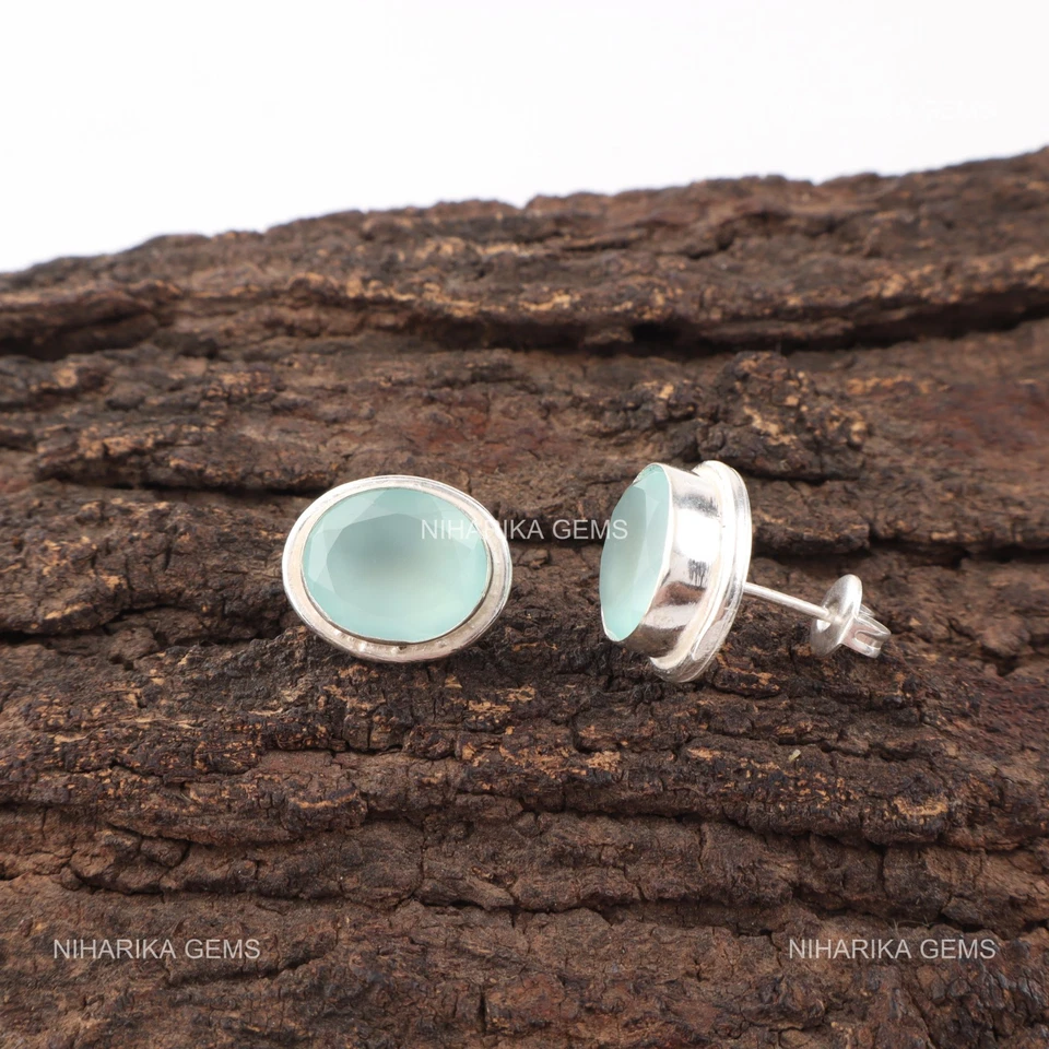 Acqua Calcedonio Gemma Argento Sterling Boho Pendenti Compleanno Wife Orecchini - Immagine 1 di 4