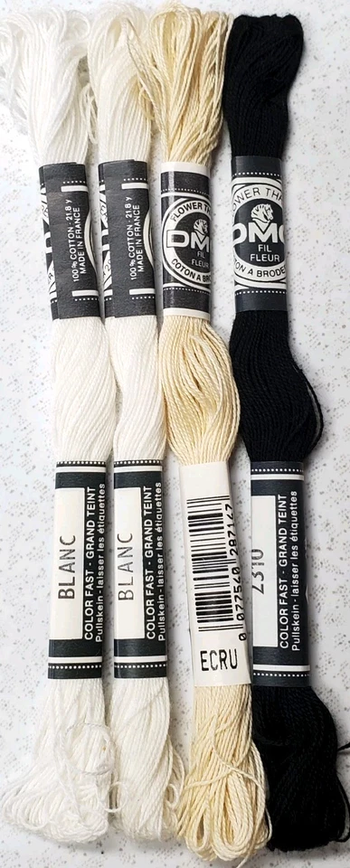 4 DMC FLOWER THREAD Embroidery Floss- 2 White-1 Black- 1 Ecru - Image 1 of 4