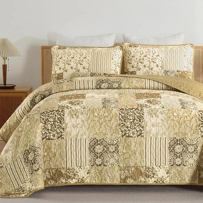 Juego de edredón retazos tamaño queen, colcha reversible a cuadros marrón queen,  Foto 1 de 4