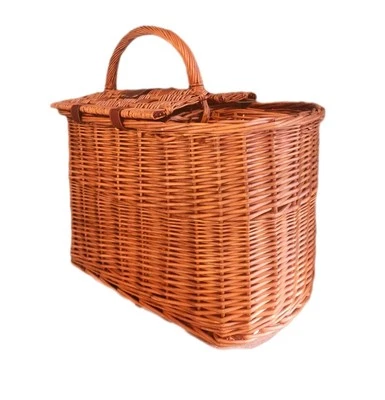 Cesta de picnic de mimbre vintage 2 botellas de vino portador grande tela de tela brillante  Foto 1 de 4