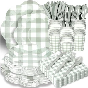 416 Pcs Sage Green Gingham Party Supplies - For 52 Guests Paper Plates And Na... - Foto 1 di 8