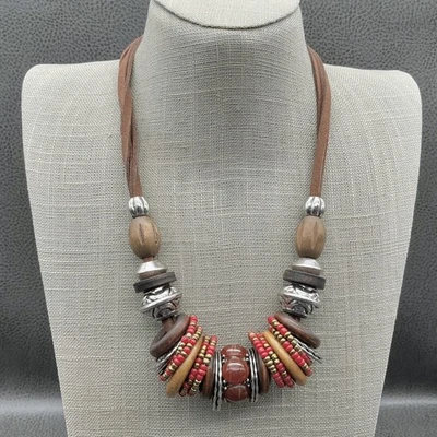 Collar C1946 Boho Declaración Madera Rojo Cuentas Marrón Gamuza Cordón Ajustable 20" Foto 1 de 4
