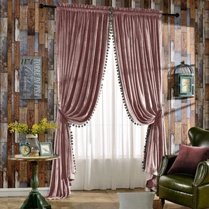 Pom Poms Velvet Curtains for Bedroom Living Room, Dusty Rose (2 Panels) - Picture 1 of 9