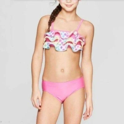 Cat And Jack Bikini Girls 10 12 Rainbow Dot Bathing Suit Swim UPF 50 Two Piece - Image 1 of 4