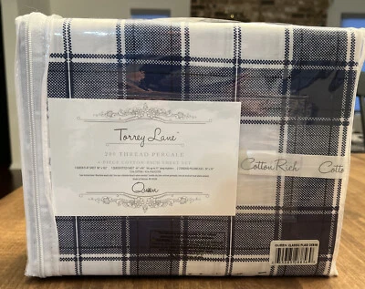 Torrey Lane 200 TC Cotton Rich 4 Piece Sheet Set Queen Classic Plaid Denim NEW - Image 1 of 2