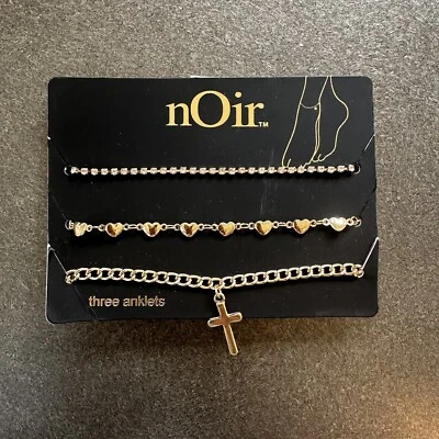 nOir Nordstrom Joyería de Moda 3 Tobilleras Doradas Corazón Cruz Cadena Estrás Nuevo con Etiquetas Foto 1 de 4